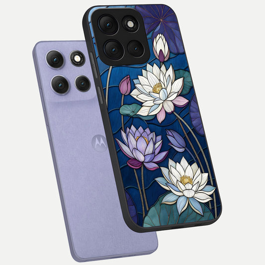  Purple Lotus Stained phone case For Moto G86 Power showing premium glass back cover with detailed artwork