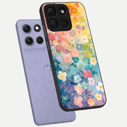  Rainbow Blossom Burst phone case For Moto G86 Power showing premium glass back cover with detailed artwork