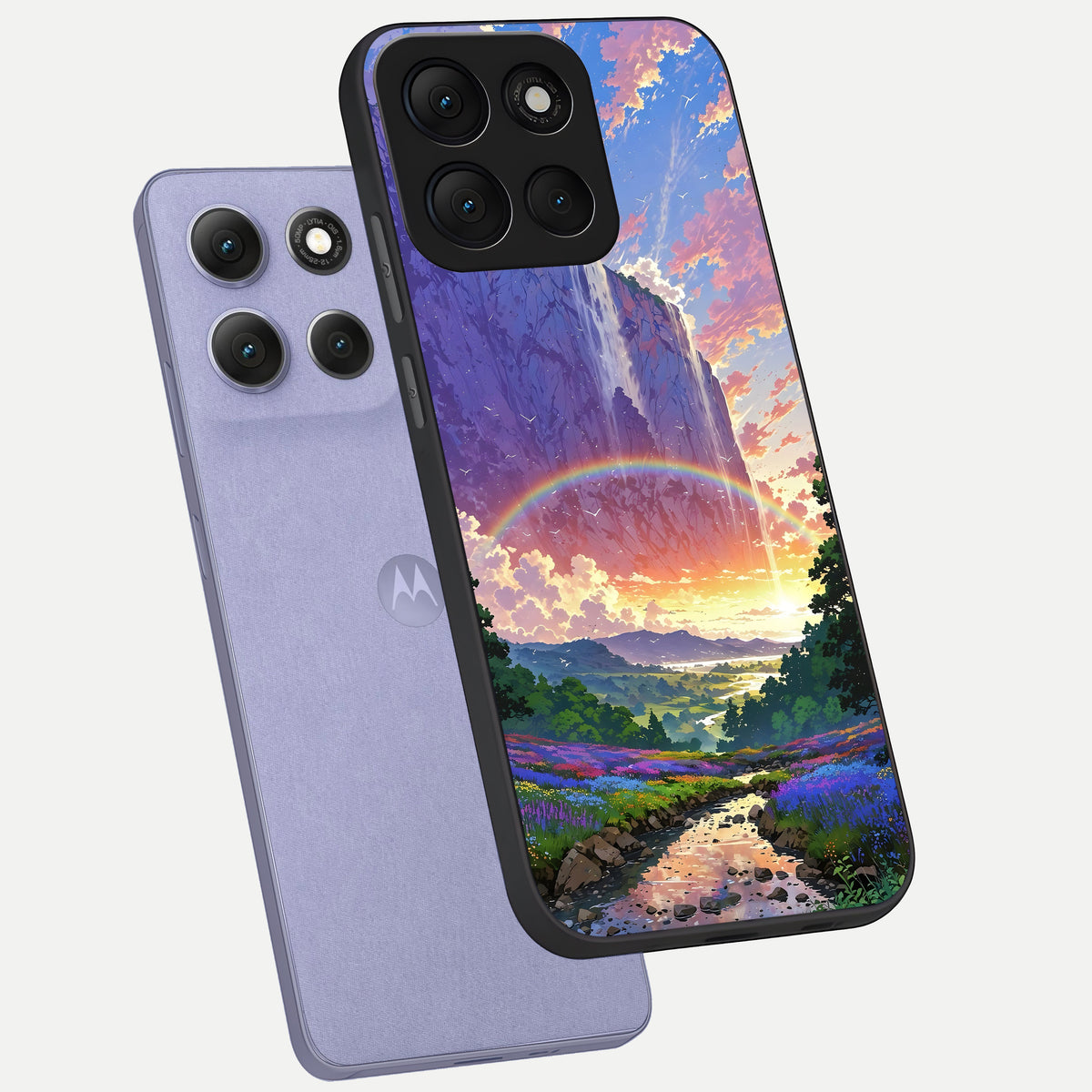  Rainbow Valley Dream phone case For Moto G86 Power showing premium glass back cover with detailed artwork