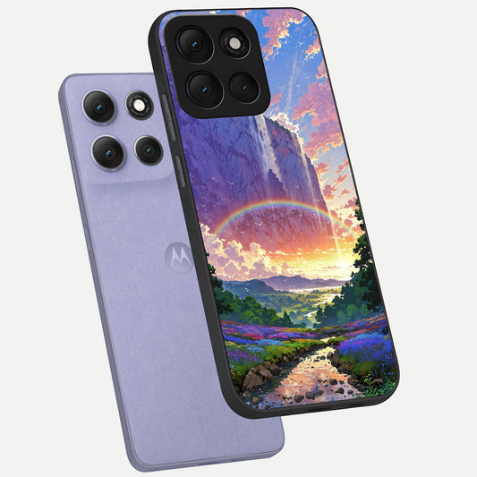  Rainbow Valley Dream phone case For Moto G86 Power showing premium glass back cover with detailed artwork