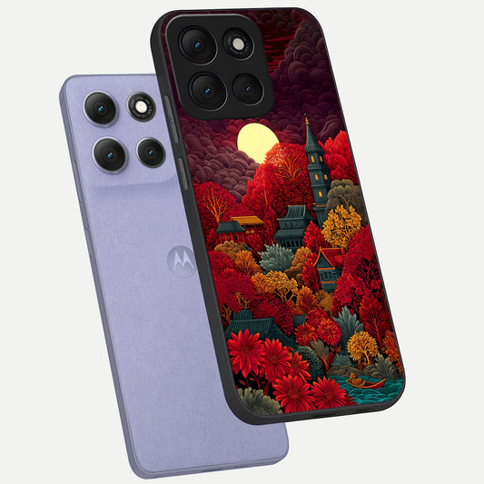  Scarlet Autumn Temple phone case For Moto G86 Power showing premium glass back cover with detailed artwork