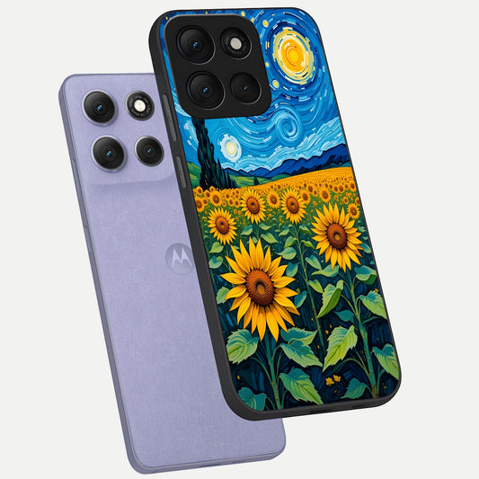  Starry Sunflower Dreams phone case For Moto G86 Power showing premium glass back cover with detailed artwork