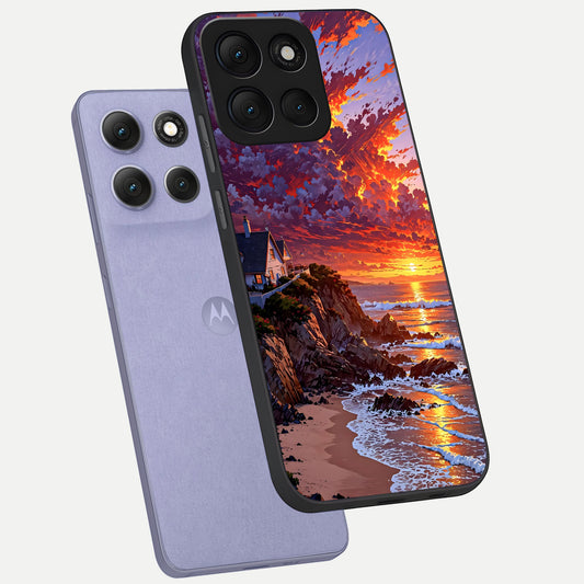  Sunset House By Sea phone case For Moto G86 Power showing premium glass back cover with detailed artwork