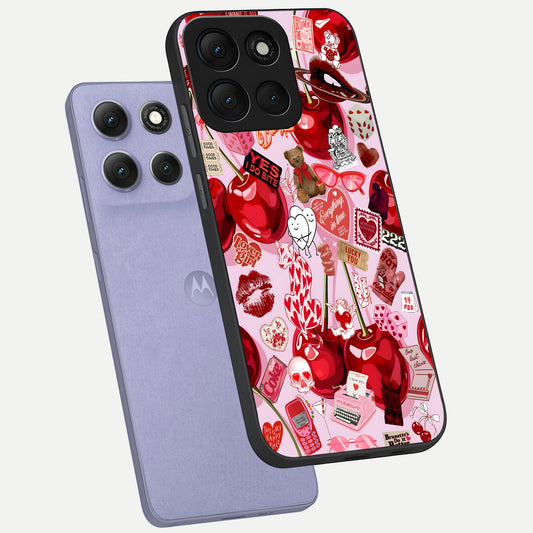  Sweet Cherry Chaos phone case For Moto G86 Power showing premium glass back cover with detailed artwork