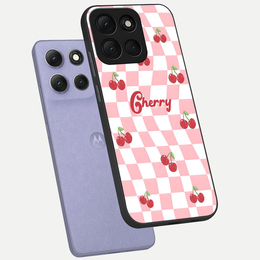  Sweet Cherry Vibes phone case For Moto G86 Power showing premium glass back cover with detailed artwork