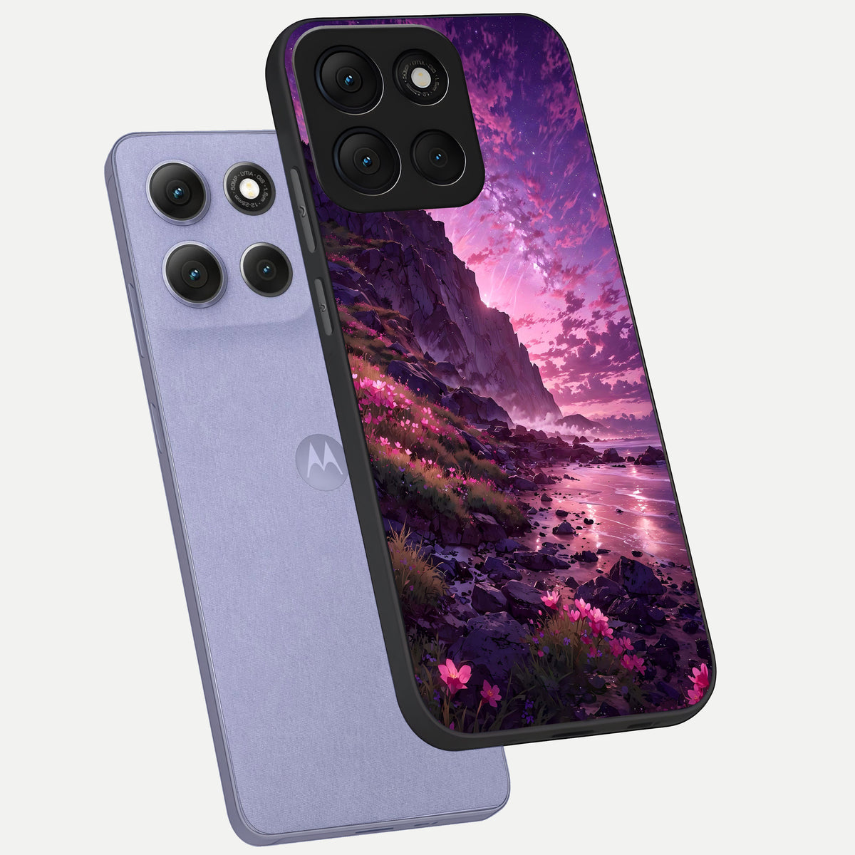 Twilight Blossom Coast phone case For Moto G86 Power showing premium glass back cover with detailed artwork