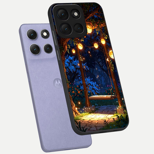  Twilight Garden Swing phone case For Moto G86 Power showing premium glass back cover with detailed artwork