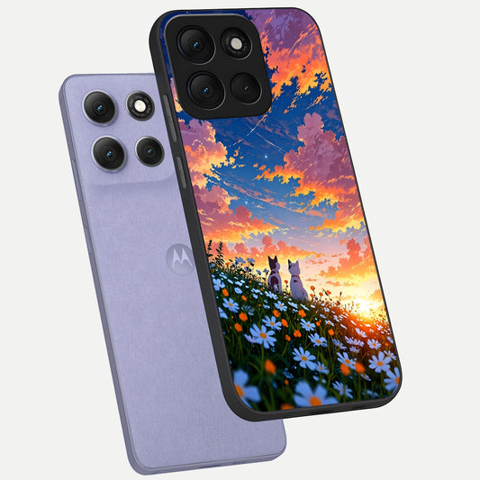  Two Cats Friends phone case For Moto G86 Power showing premium glass back cover with detailed artwork