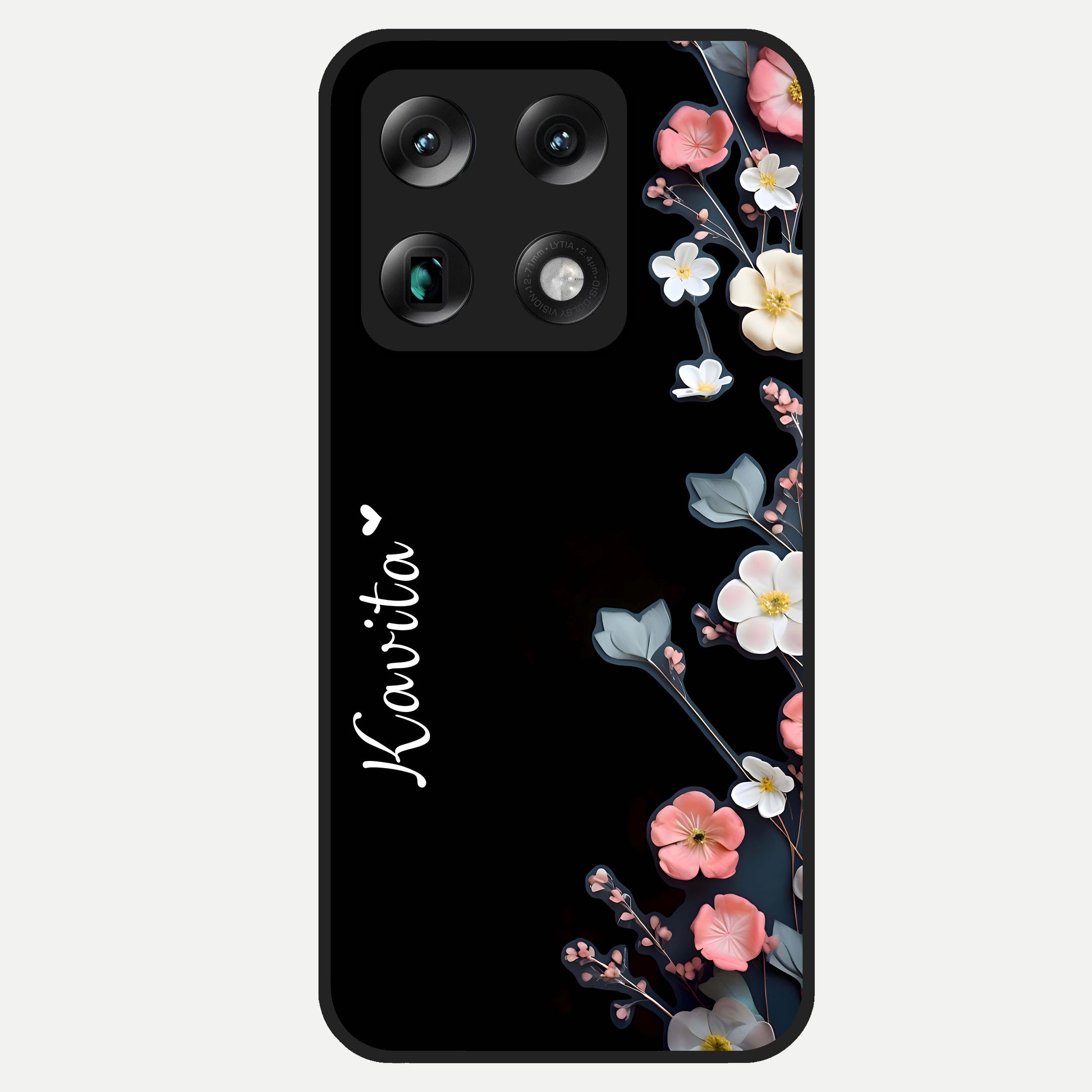  Black Elegance Floral Custom Name Glass Case For Moto Signature back cover – full design glossy printed glass finish
