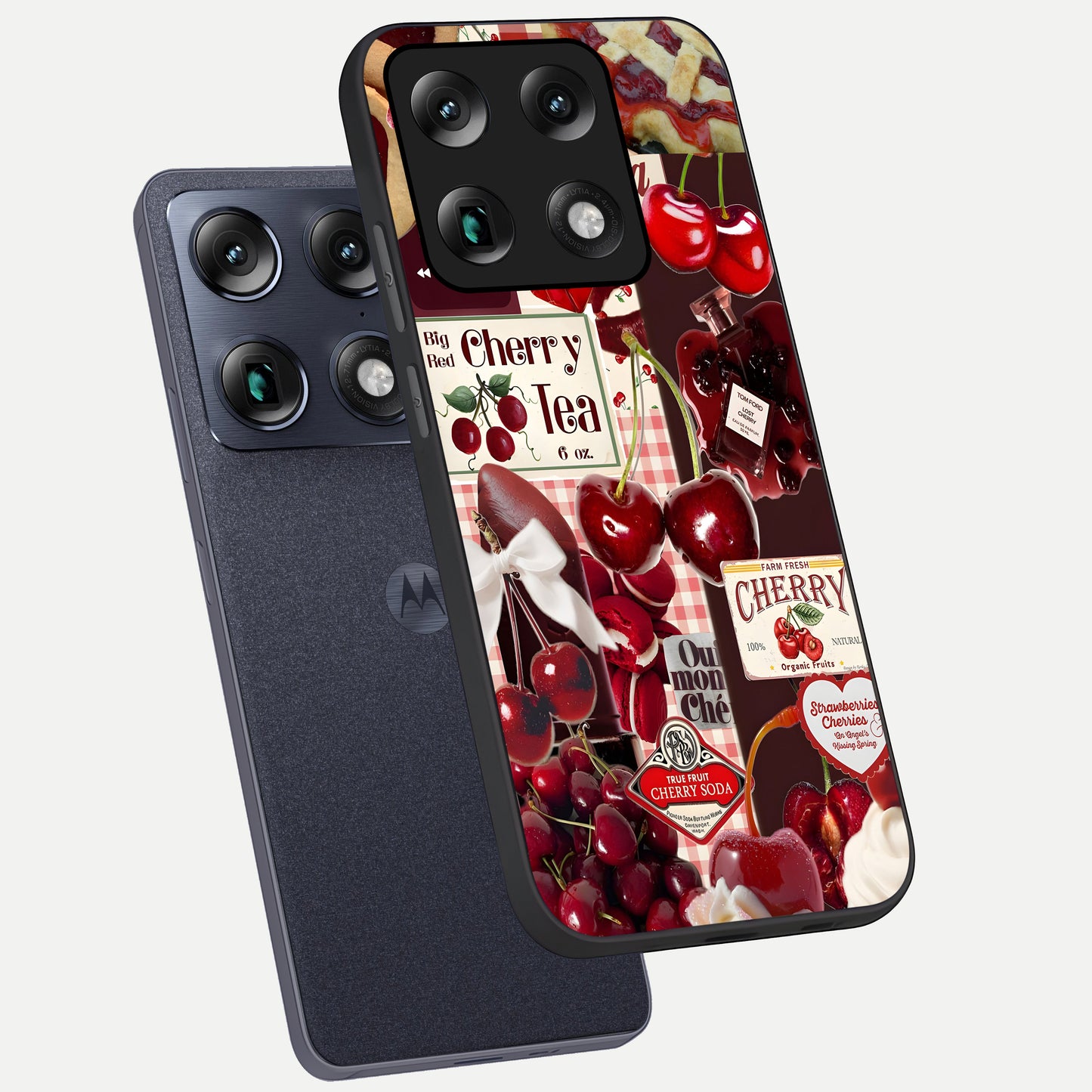  Aesthetic Cherry Tea phone case For Moto Signature showing premium glass back cover with detailed artwork