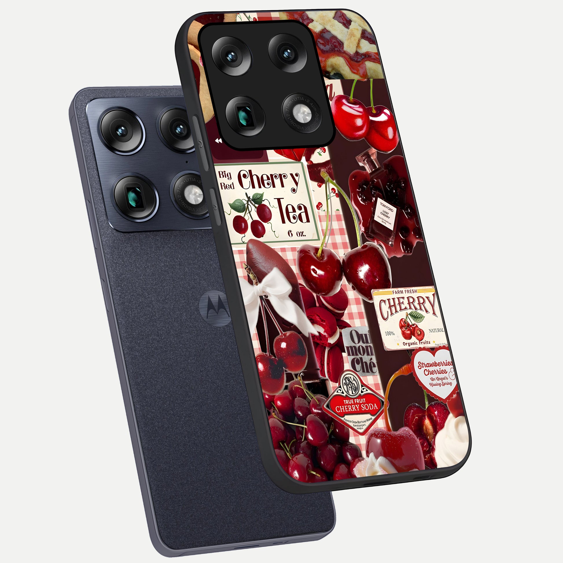  Aesthetic Cherry Tea phone case For Moto Signature showing premium glass back cover with detailed artwork