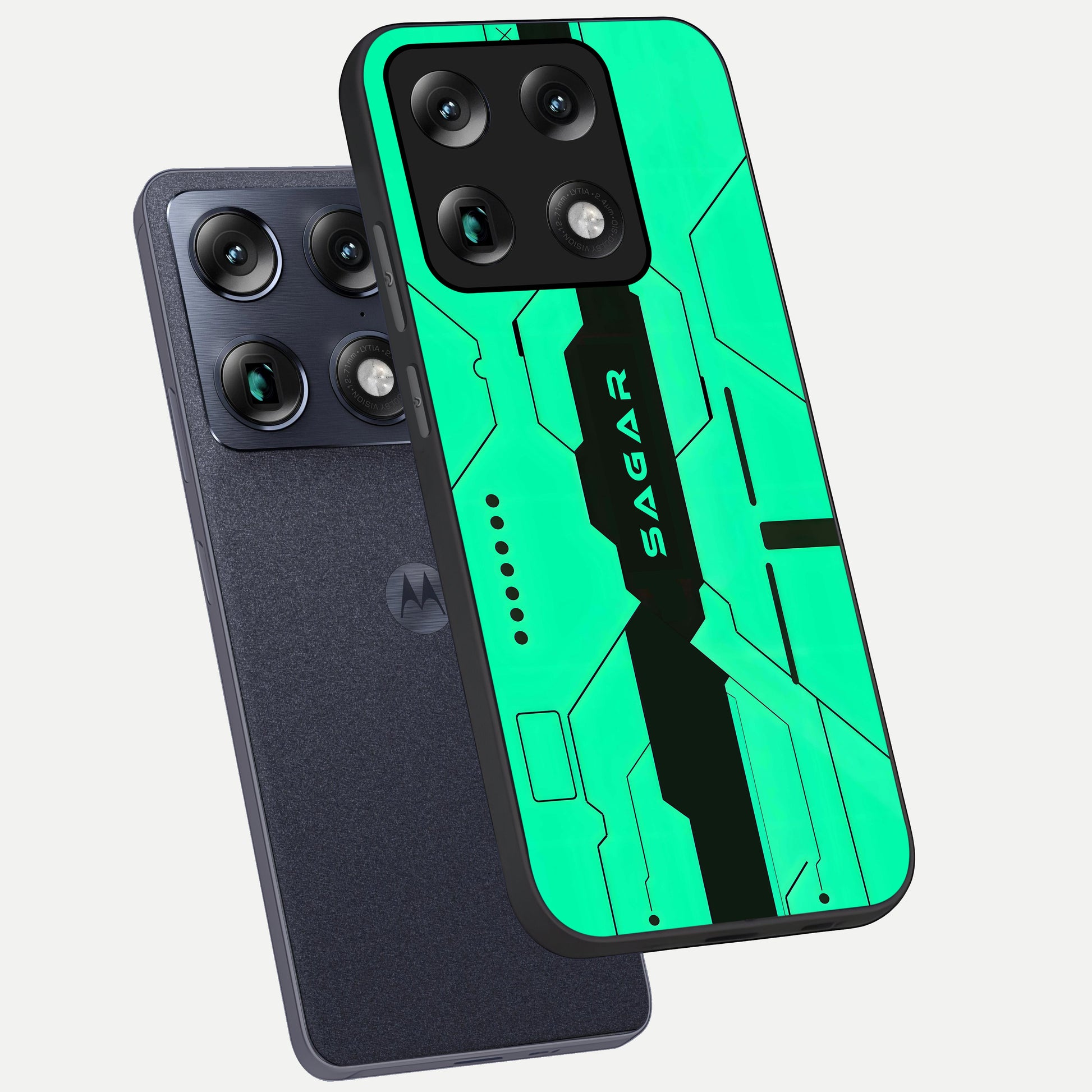  Aqua Tech CYBERPUNK Custom Name phone case For Moto Signature showing premium glass back cover with detailed artwork