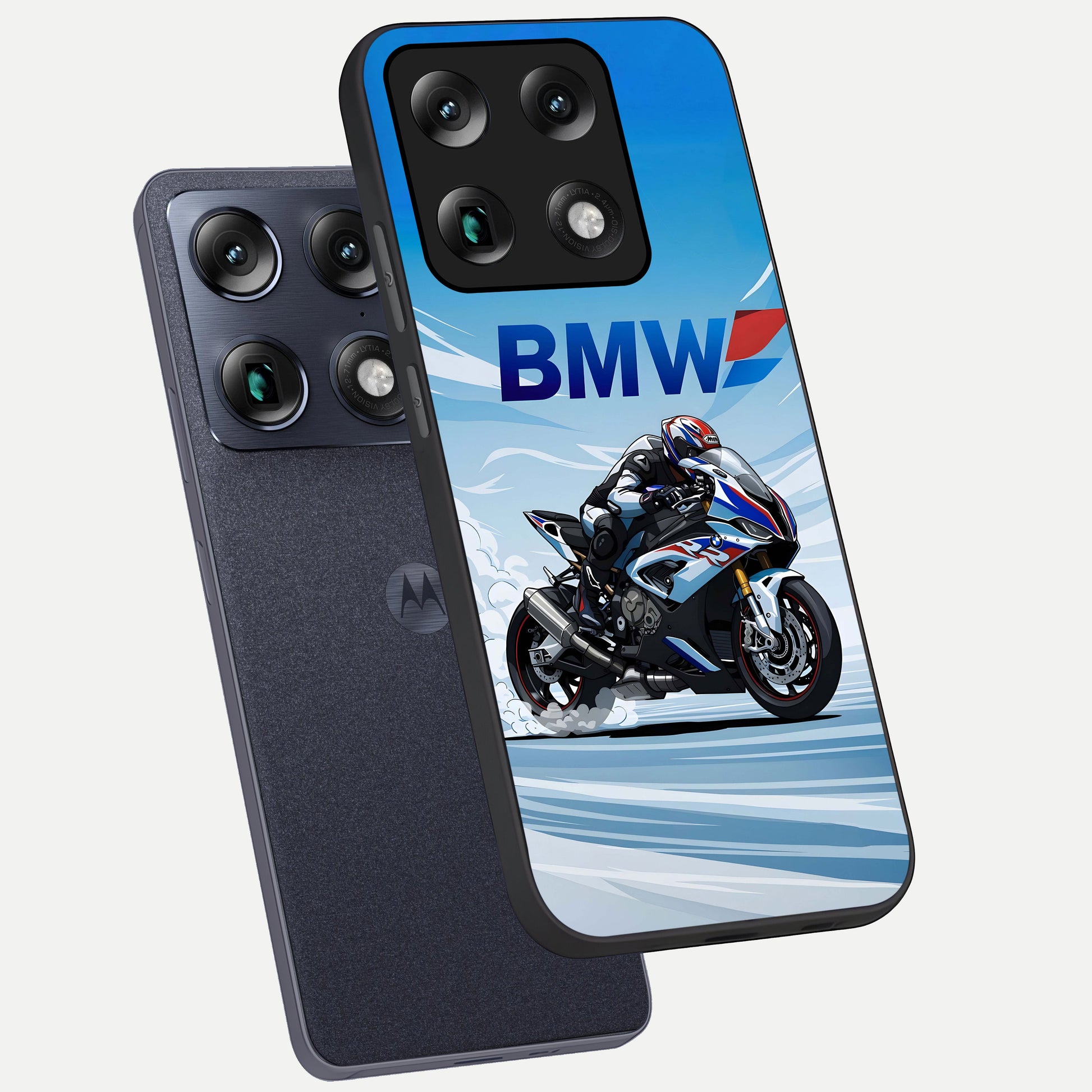 BMW Power Drift phone case For Moto Signature showing premium glass back cover with detailed artwork