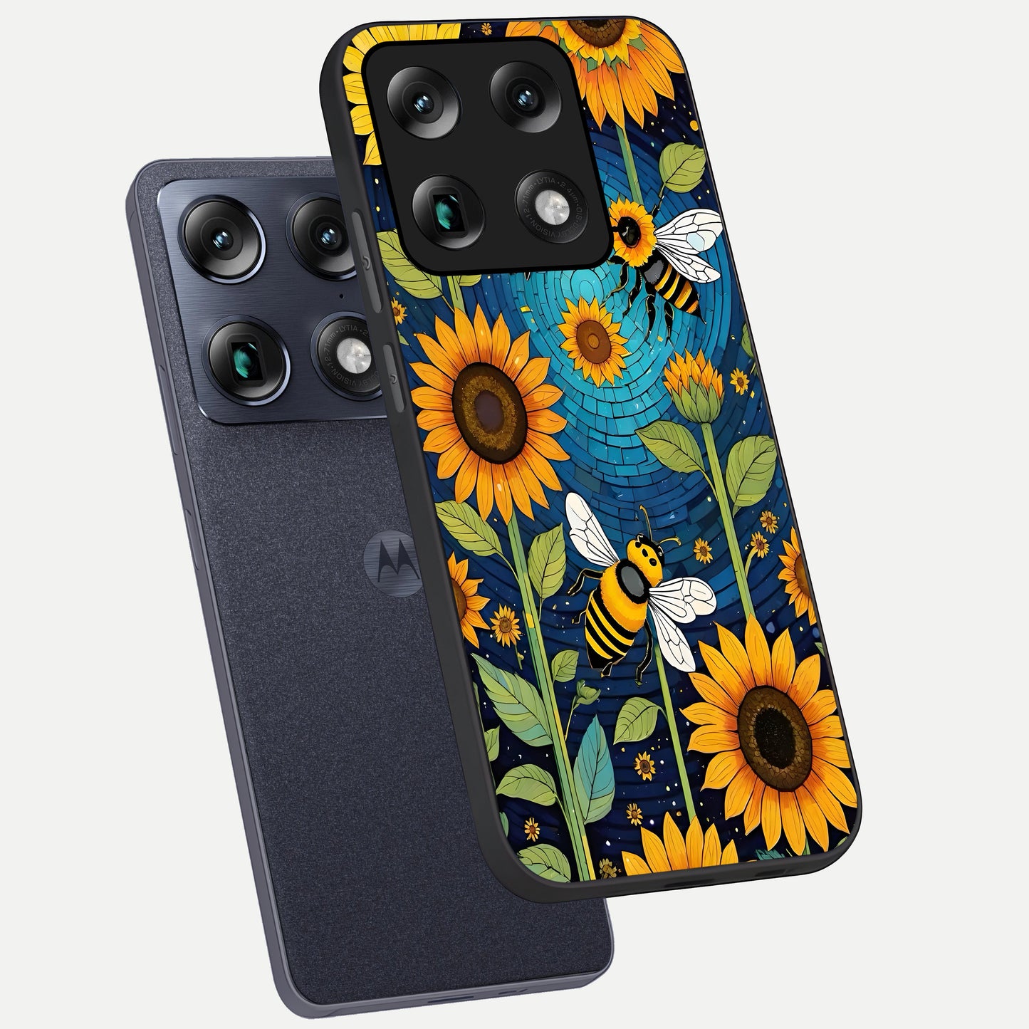  Bees And Sunflowers phone case For Moto Signature showing premium glass back cover with detailed artwork