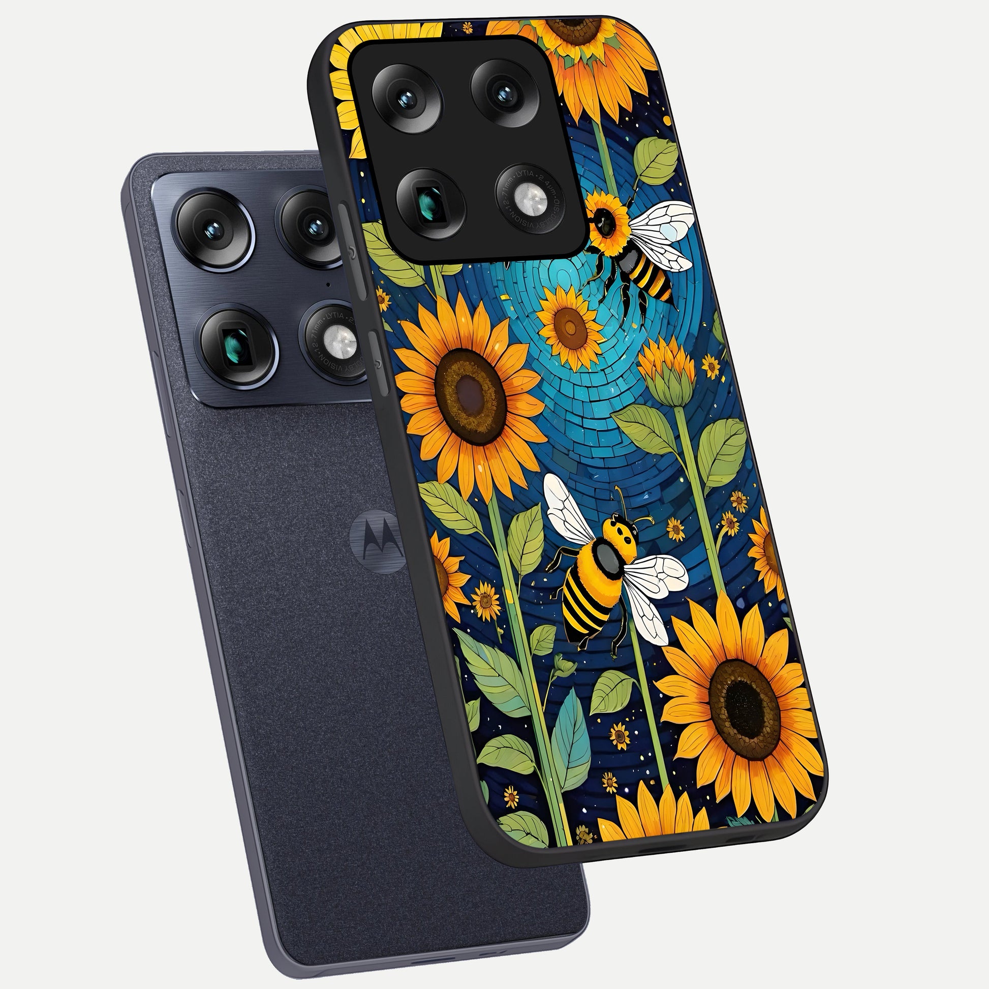  Bees And Sunflowers phone case For Moto Signature showing premium glass back cover with detailed artwork