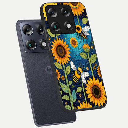  Bees And Sunflowers phone case For Moto Signature showing premium glass back cover with detailed artwork