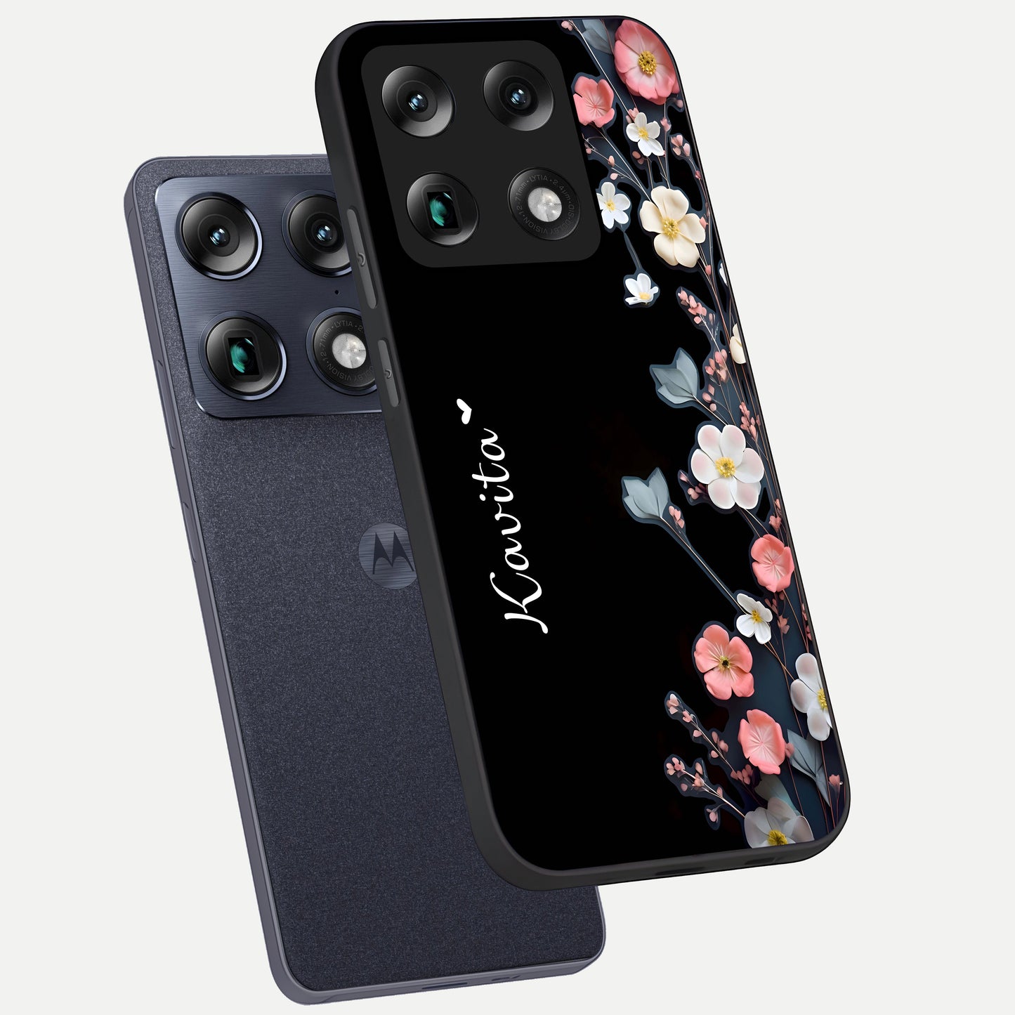  Black Elegance Floral Custom Name phone case For Moto Signature showing premium glass back cover with detailed artwork
