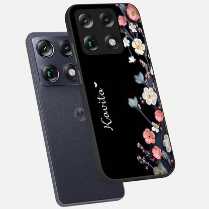  Black Elegance Floral Custom Name phone case For Moto Signature showing premium glass back cover with detailed artwork