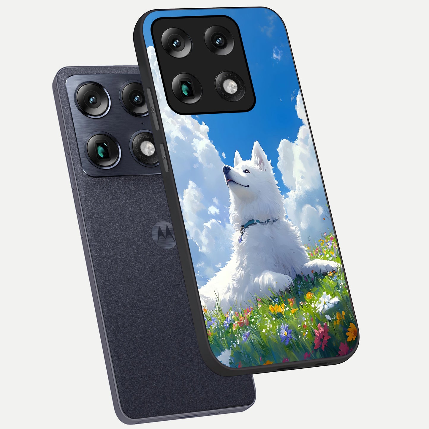  Blissful Cloud Pup phone case For Moto Signature showing premium glass back cover with detailed artwork