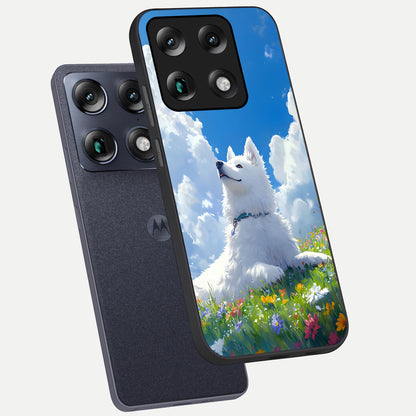  Blissful Cloud Pup phone case For Moto Signature showing premium glass back cover with detailed artwork
