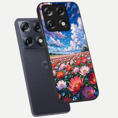  Blossom Sky Field phone case For Moto Signature showing premium glass back cover with detailed artwork