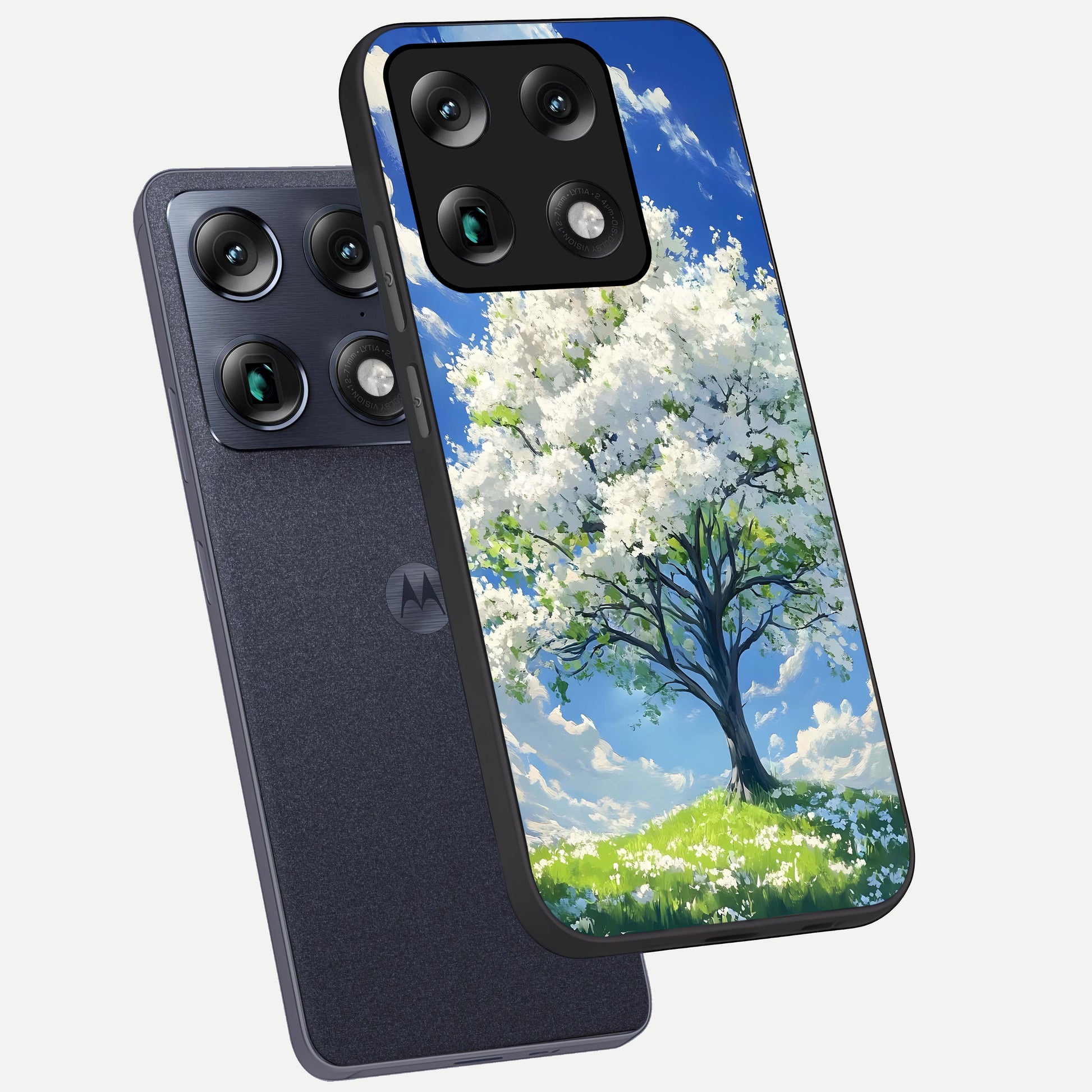  Blossom Sky Serenity phone case For Moto Signature showing premium glass back cover with detailed artwork