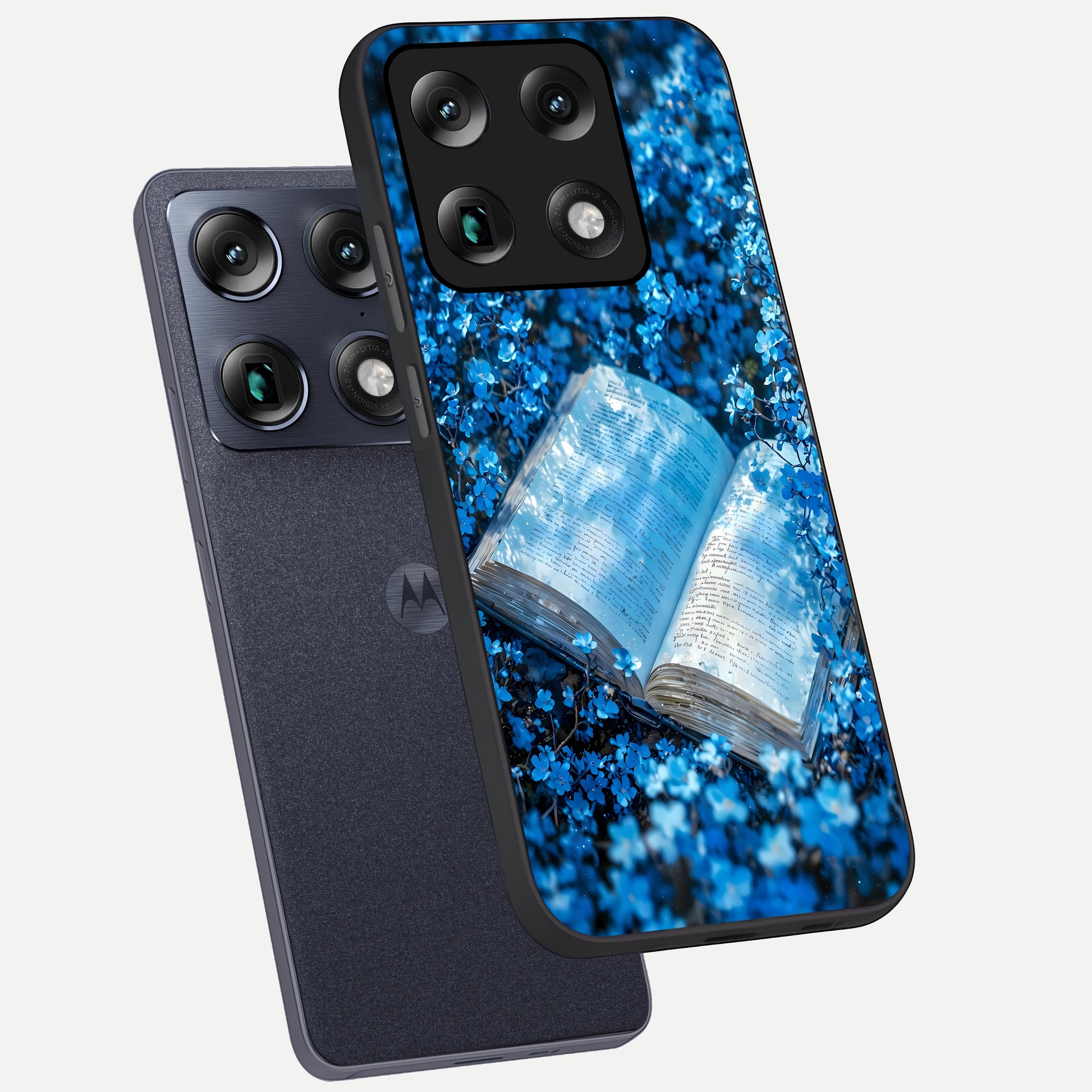  Blue Bloom Tales phone case For Moto Signature showing premium glass back cover with detailed artwork