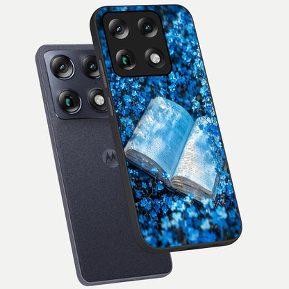  Blue Bloom Tales phone case For Moto Signature showing premium glass back cover with detailed artwork