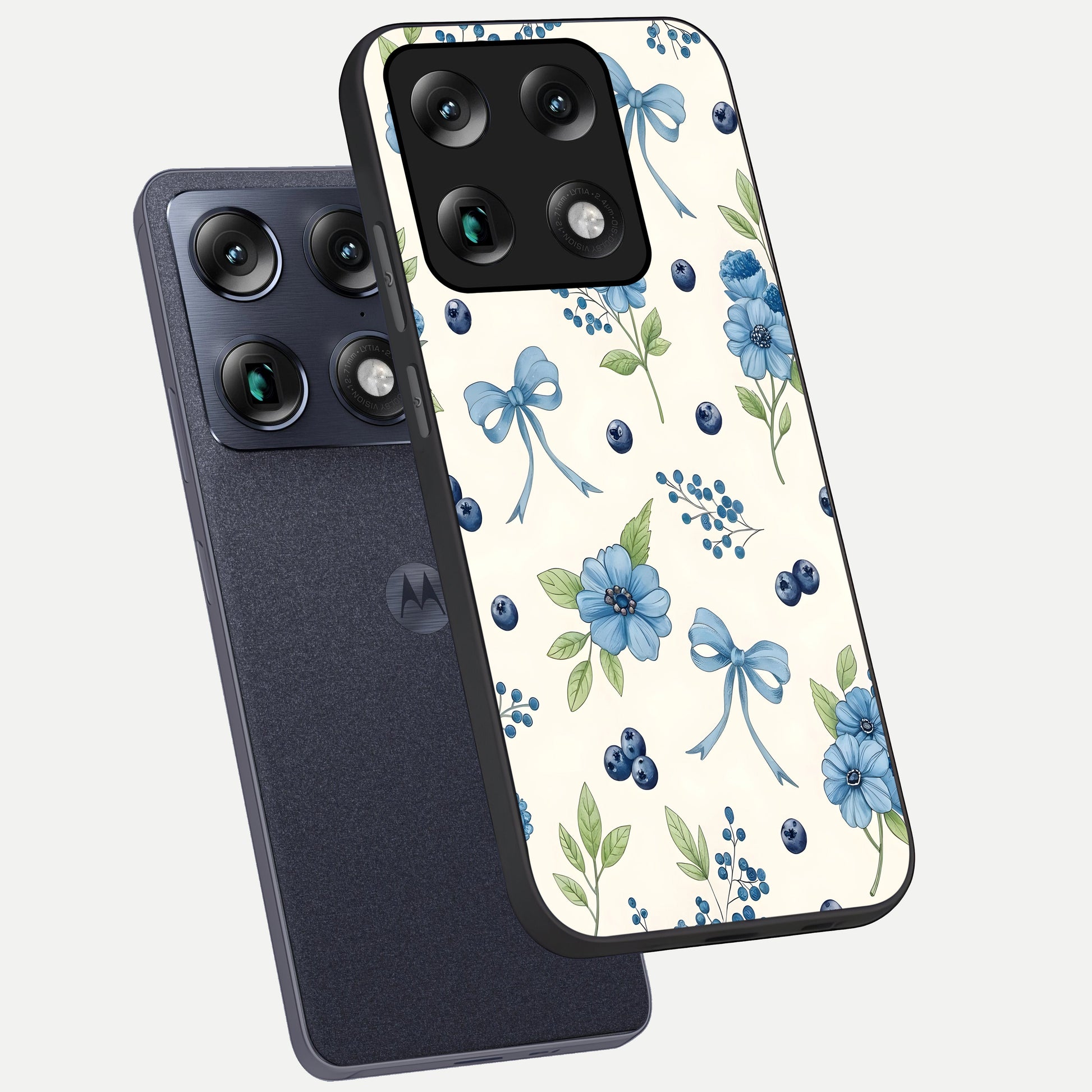  Blue Flower And Bow phone case For Moto Signature showing premium glass back cover with detailed artwork