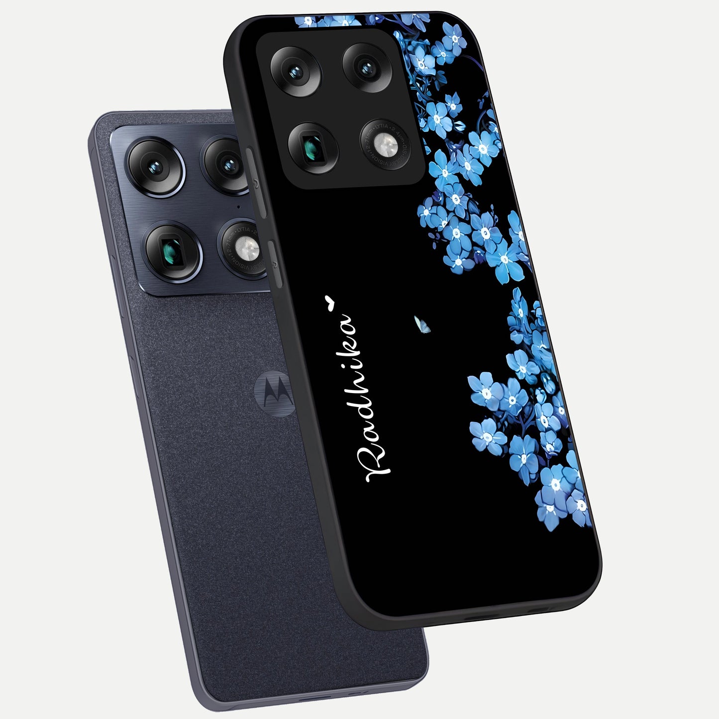  Blue Petal Dream Custom Name phone case For Moto Signature showing premium glass back cover with detailed artwork