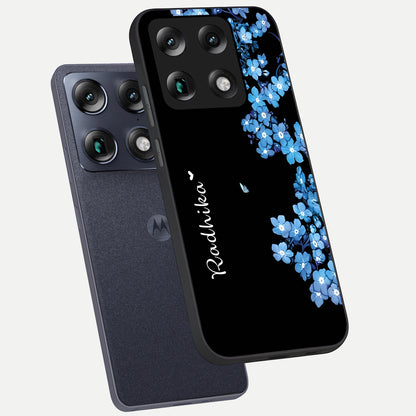  Blue Petal Dream Custom Name phone case For Moto Signature showing premium glass back cover with detailed artwork