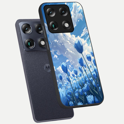  Blue Tulip Clouds phone case For Moto Signature showing premium glass back cover with detailed artwork