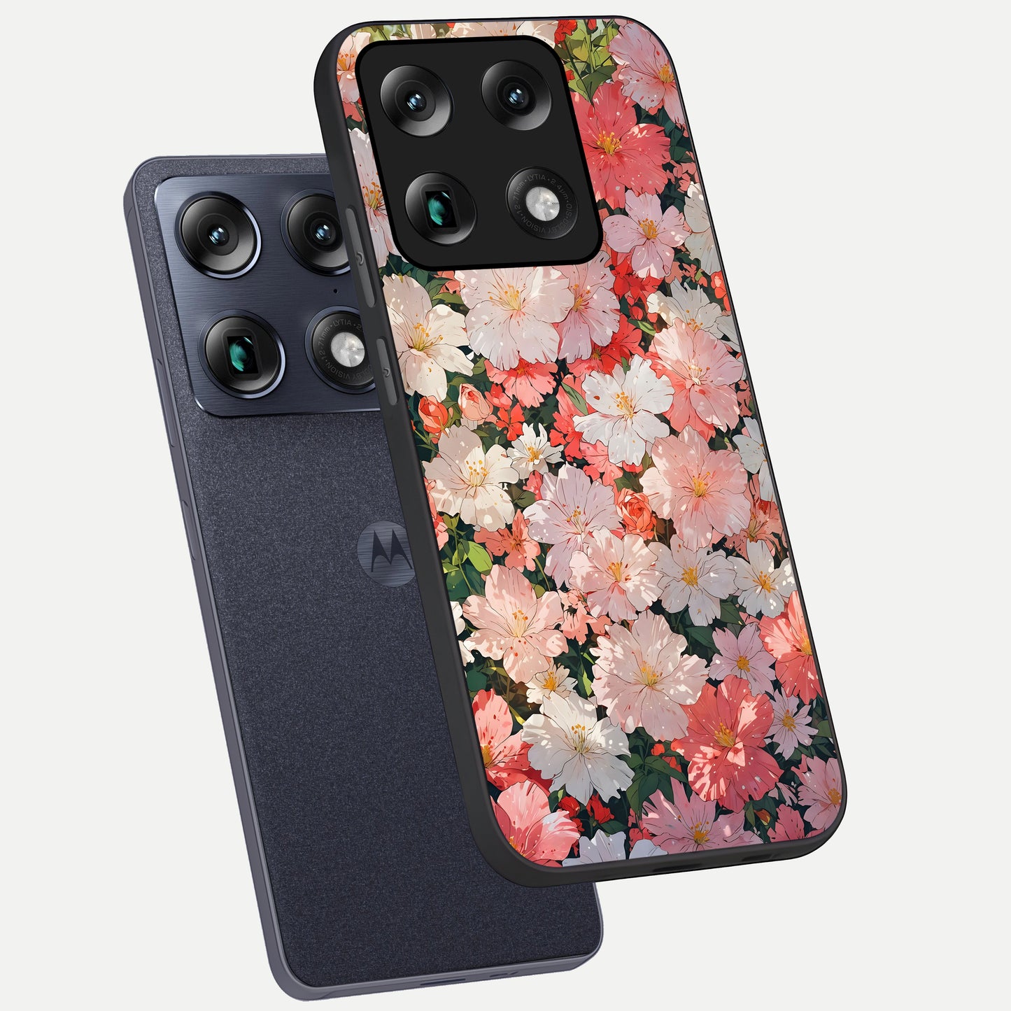  Blush Bloom Field phone case For Moto Signature showing premium glass back cover with detailed artwork