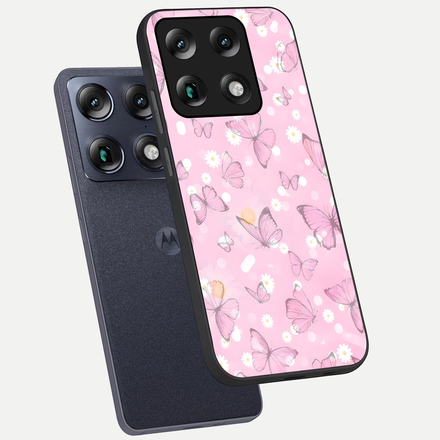  Blush Butterfly Garden phone case For Moto Signature showing premium glass back cover with detailed artwork