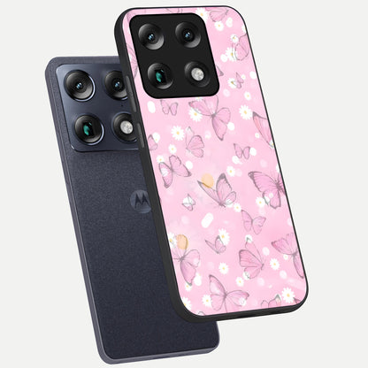  Blush Butterfly Garden phone case For Moto Signature showing premium glass back cover with detailed artwork