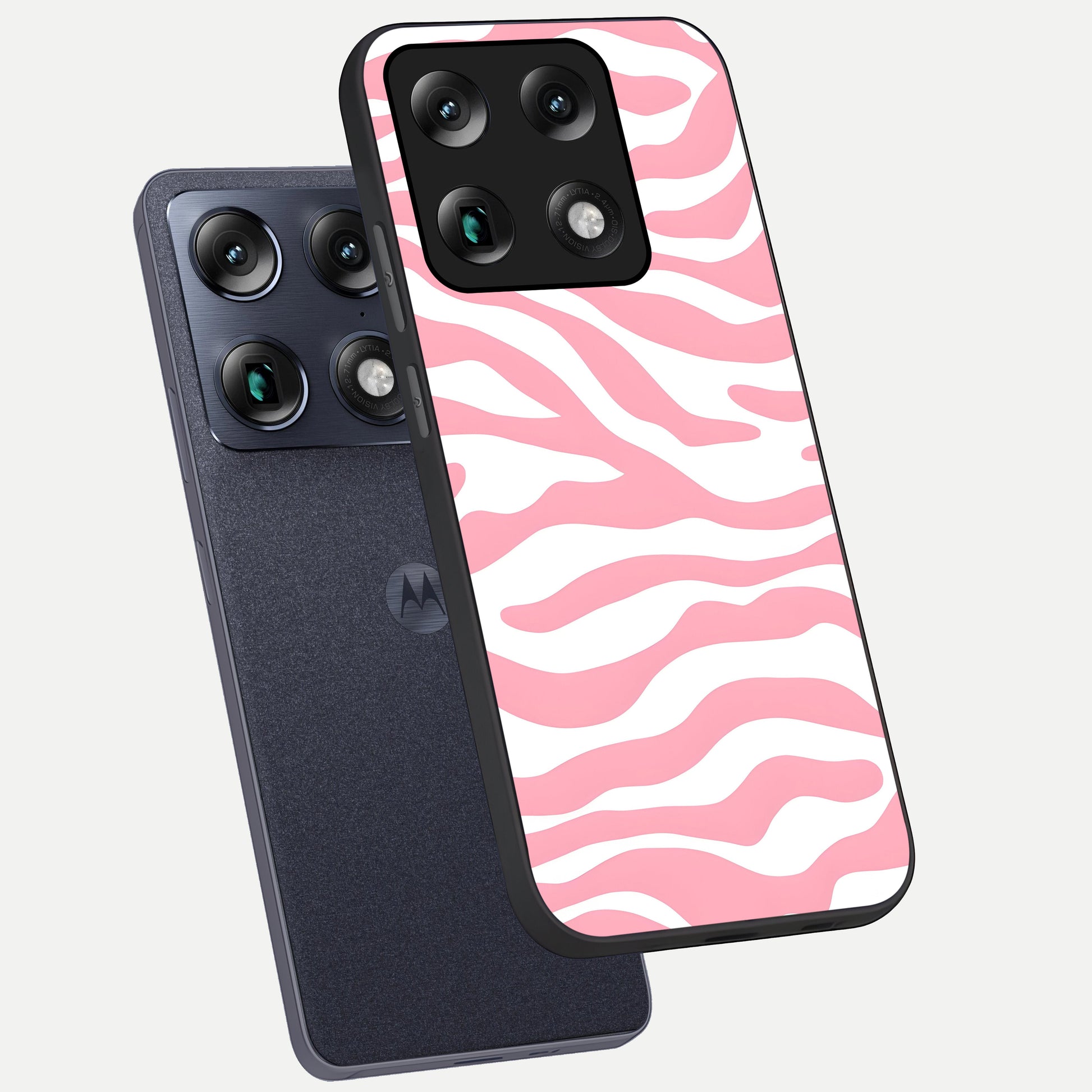  Blush Zebra Flow phone case For Moto Signature showing premium glass back cover with detailed artwork