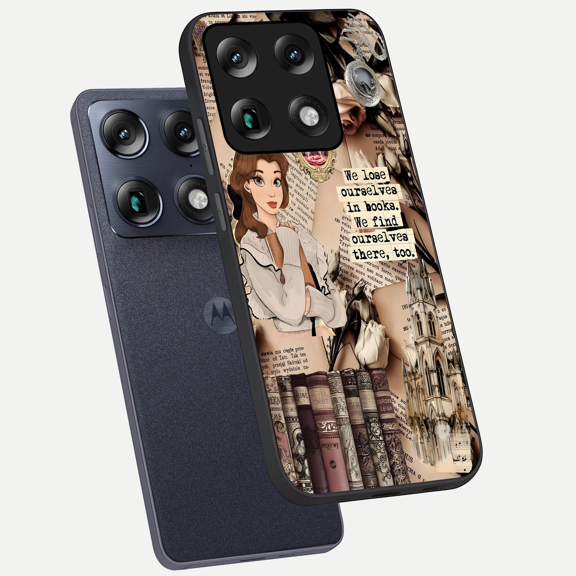  Bookish Dream World phone case For Moto Signature showing premium glass back cover with detailed artwork