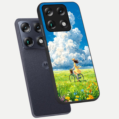  Breezy Meadow Ride phone case For Moto Signature showing premium glass back cover with detailed artwork
