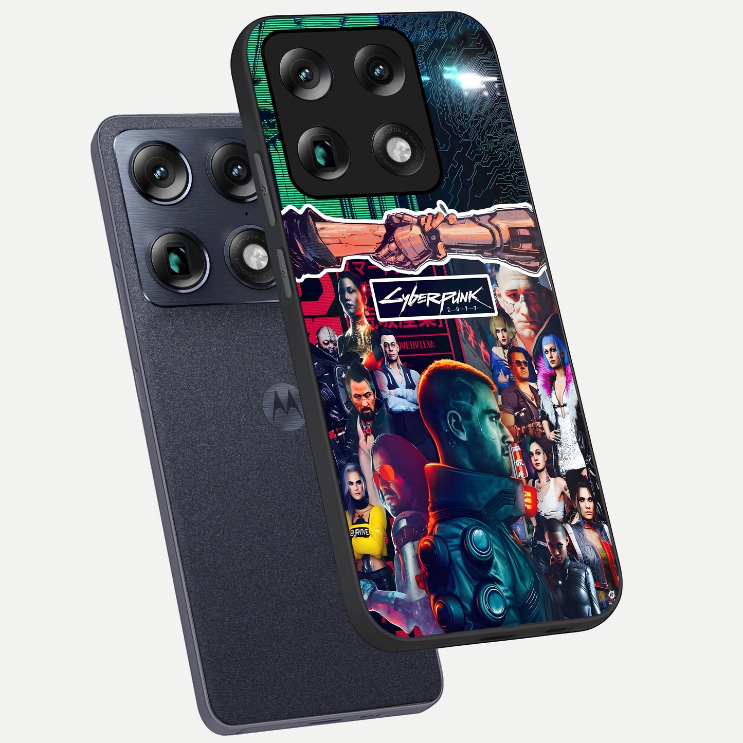  CYBERPUNK Legacy phone case For Moto Signature showing premium glass back cover with detailed artwork