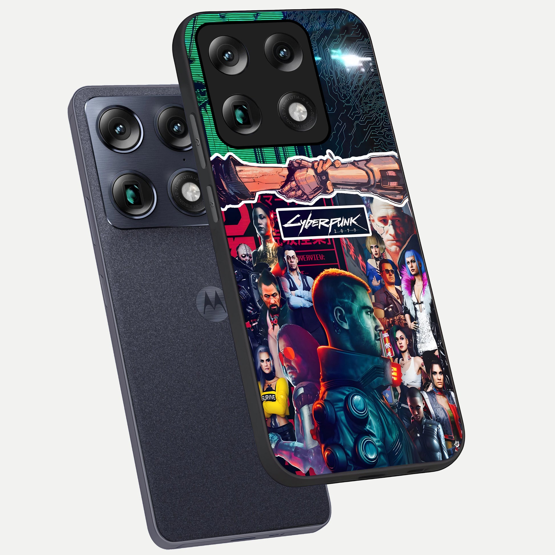  CYBERPUNK Legacy phone case For Moto Signature showing premium glass back cover with detailed artwork