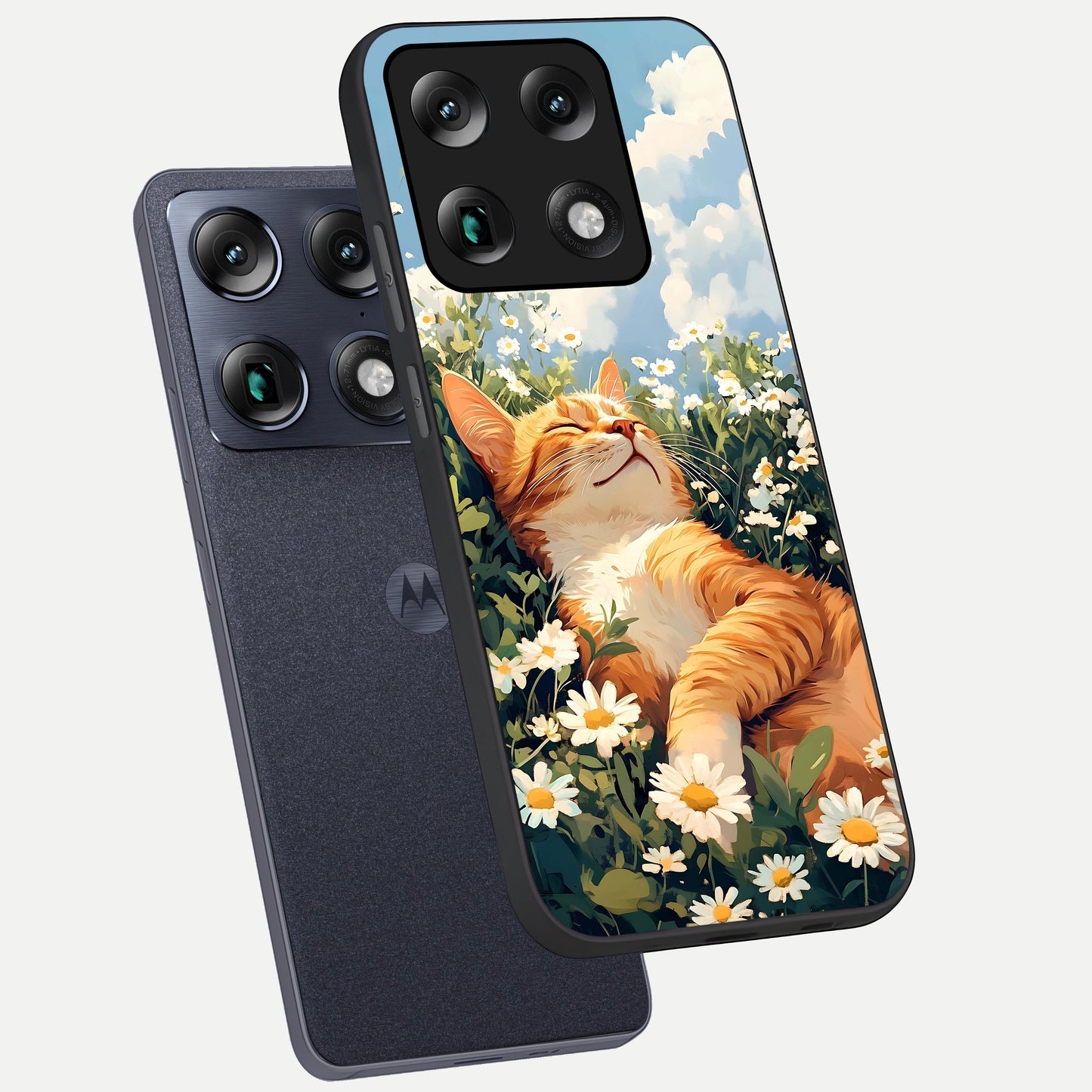  Cat And Flowers View phone case For Moto Signature showing premium glass back cover with detailed artwork