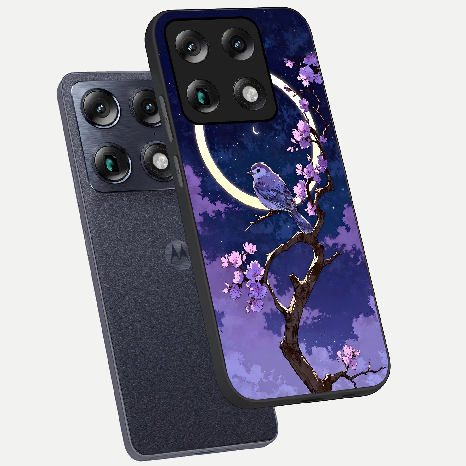  Celestial Bird Blossom phone case For Moto Signature showing premium glass back cover with detailed artwork