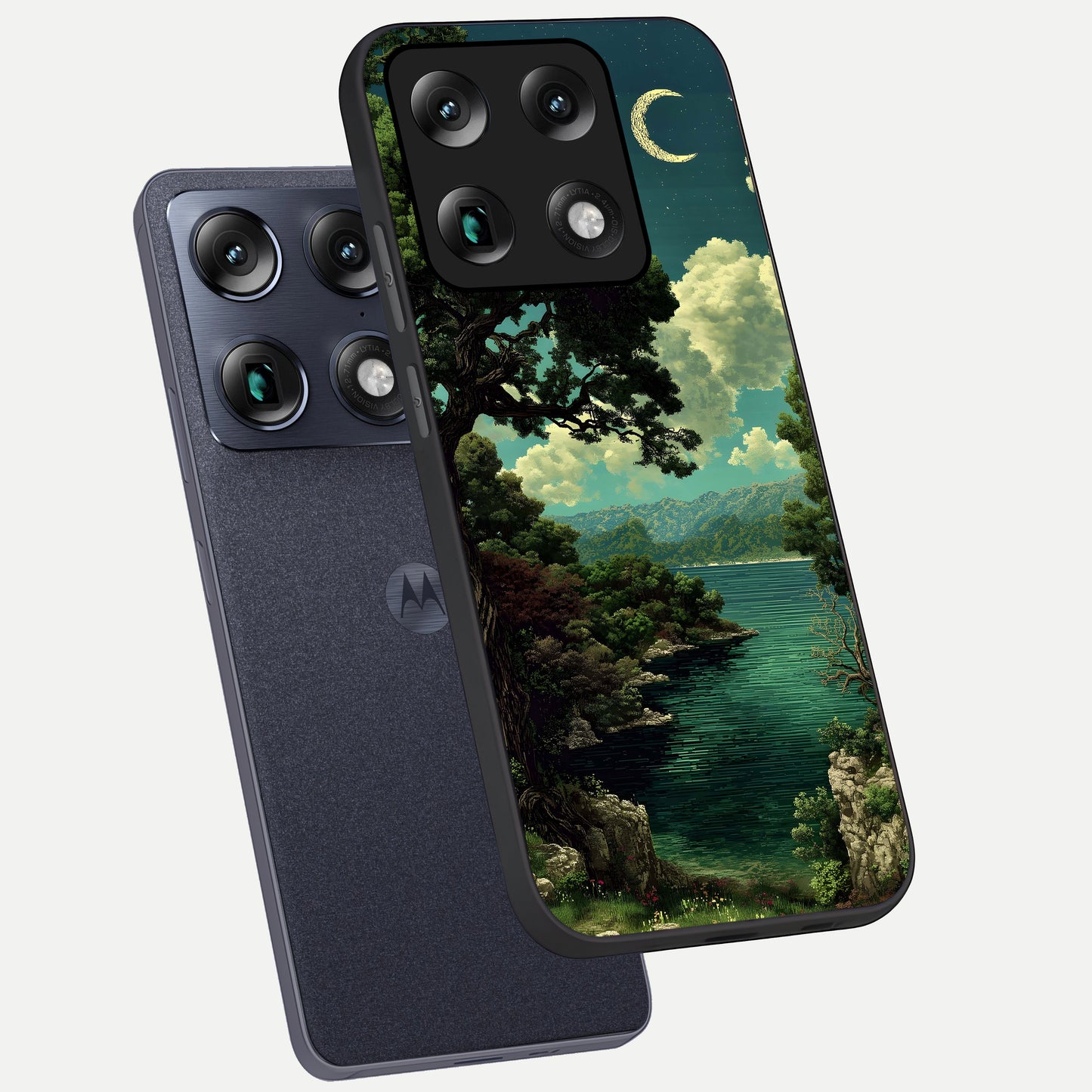  Celestial Lake Peace phone case For Moto Signature showing premium glass back cover with detailed artwork