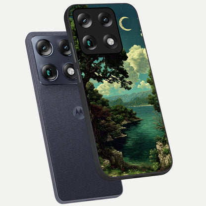  Celestial Lake Peace phone case For Moto Signature showing premium glass back cover with detailed artwork