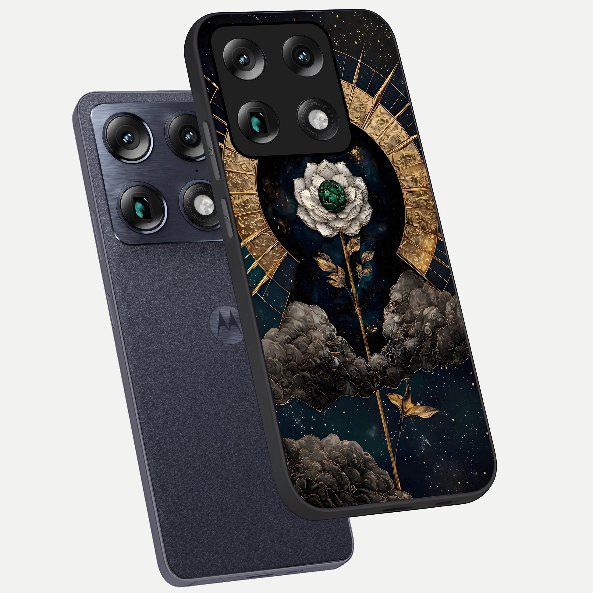  Celestial Lotus Morang phone case For Moto Signature showing premium glass back cover with detailed artwork