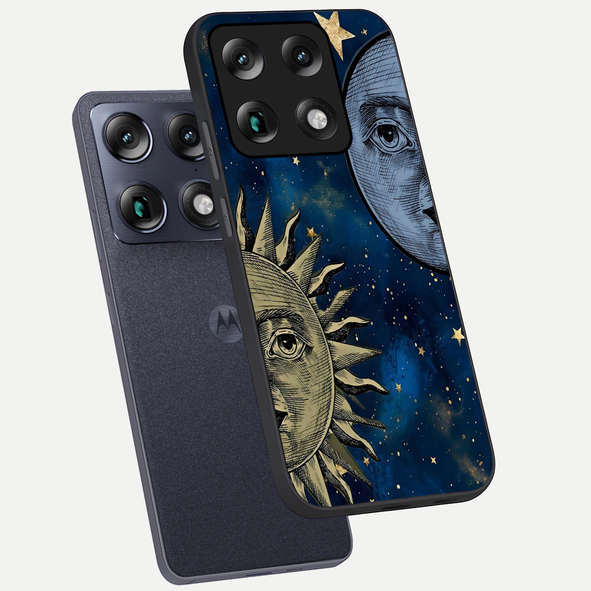  Celestial Moon With Sun phone case For Moto Signature showing premium glass back cover with detailed artwork