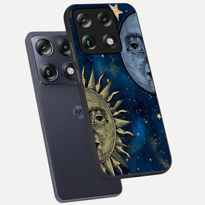  Celestial Moon With Sun phone case For Moto Signature showing premium glass back cover with detailed artwork