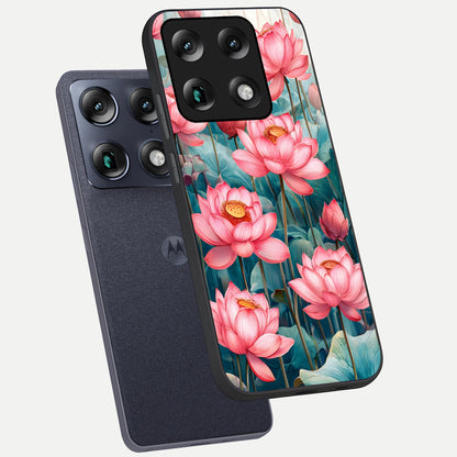  Celestial Pink Lotus phone case For Moto Signature showing premium glass back cover with detailed artwork
