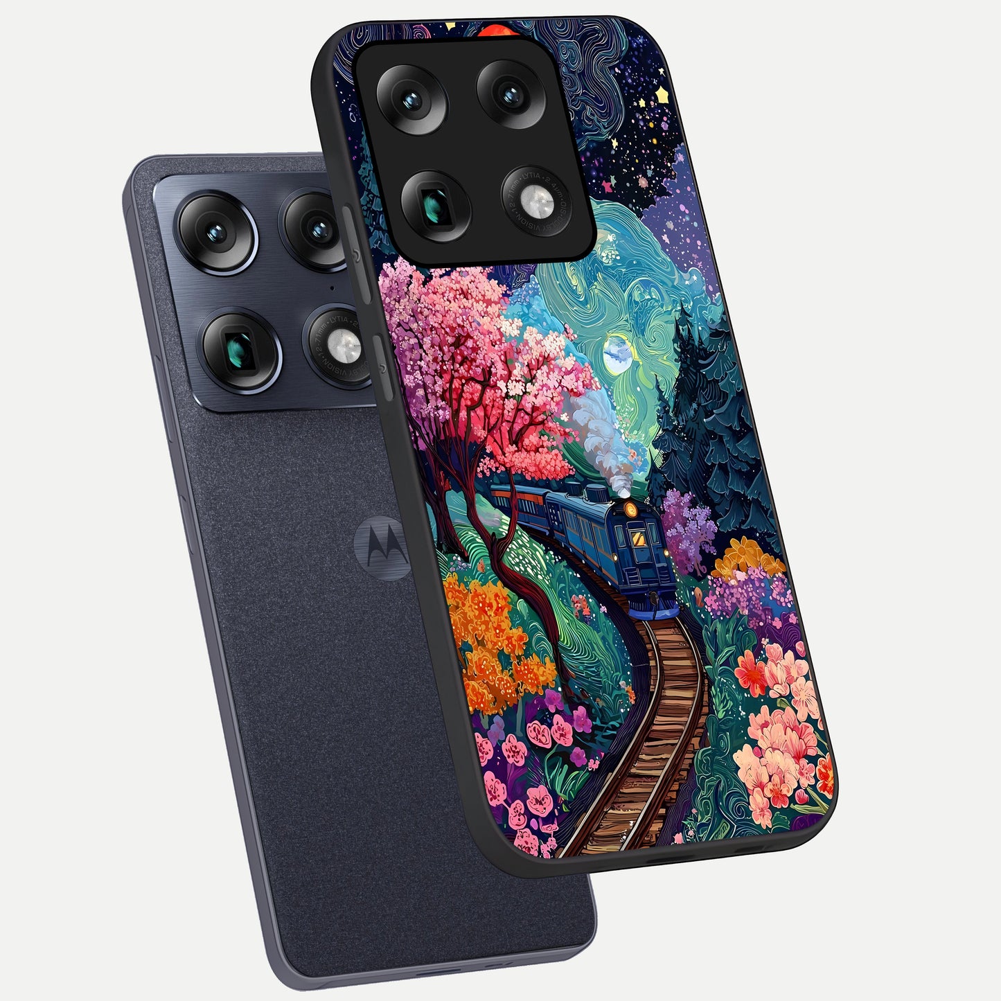  Celestial Train Journey phone case For Moto Signature showing premium glass back cover with detailed artwork