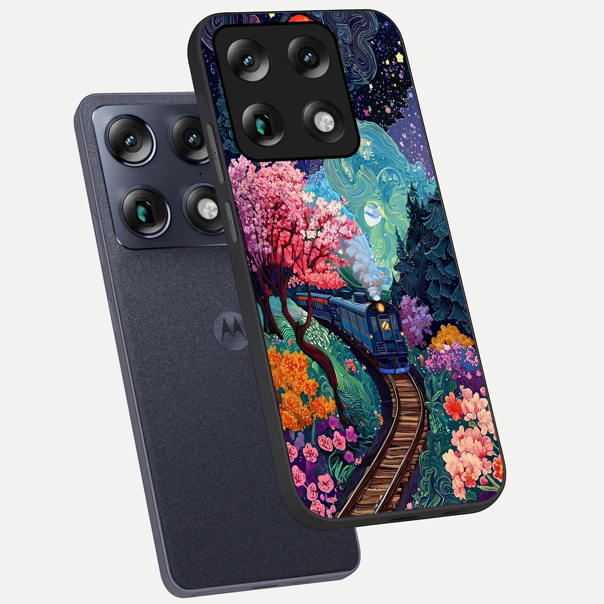  Celestial Train Journey phone case For Moto Signature showing premium glass back cover with detailed artwork